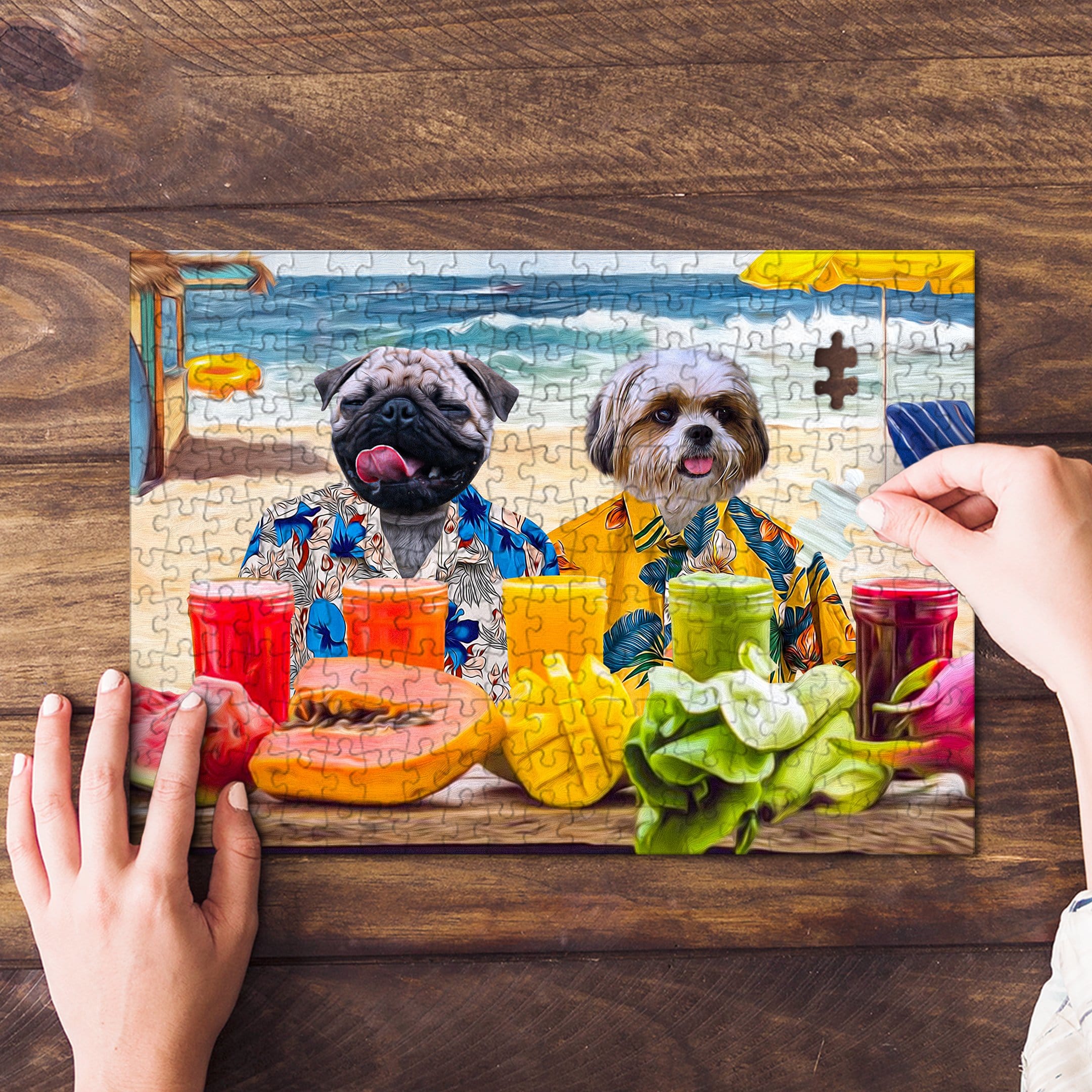 Personalized 2 pet puzzle featuring a pug and shih tzu in Hawaiian shirts on a beach, with drinks and fruit.