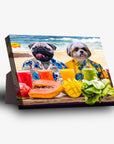 Personalized 'Beach Dogs' standing canvas featuring two pets in Hawaiian shirts on a beach with tropical fruits and drinks.