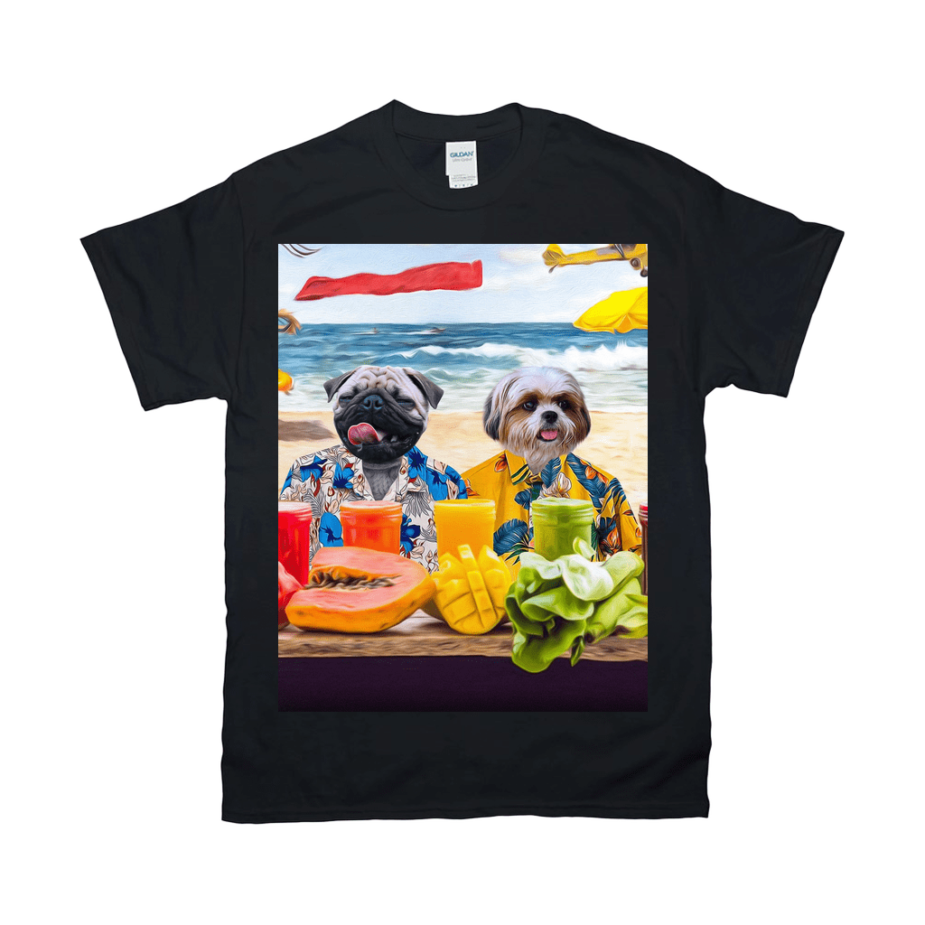 Black Gildan unisex t-shirt featuring a personalized graphic of two dogs in Hawaiian shirts on a beach, with fruit and drinks.
