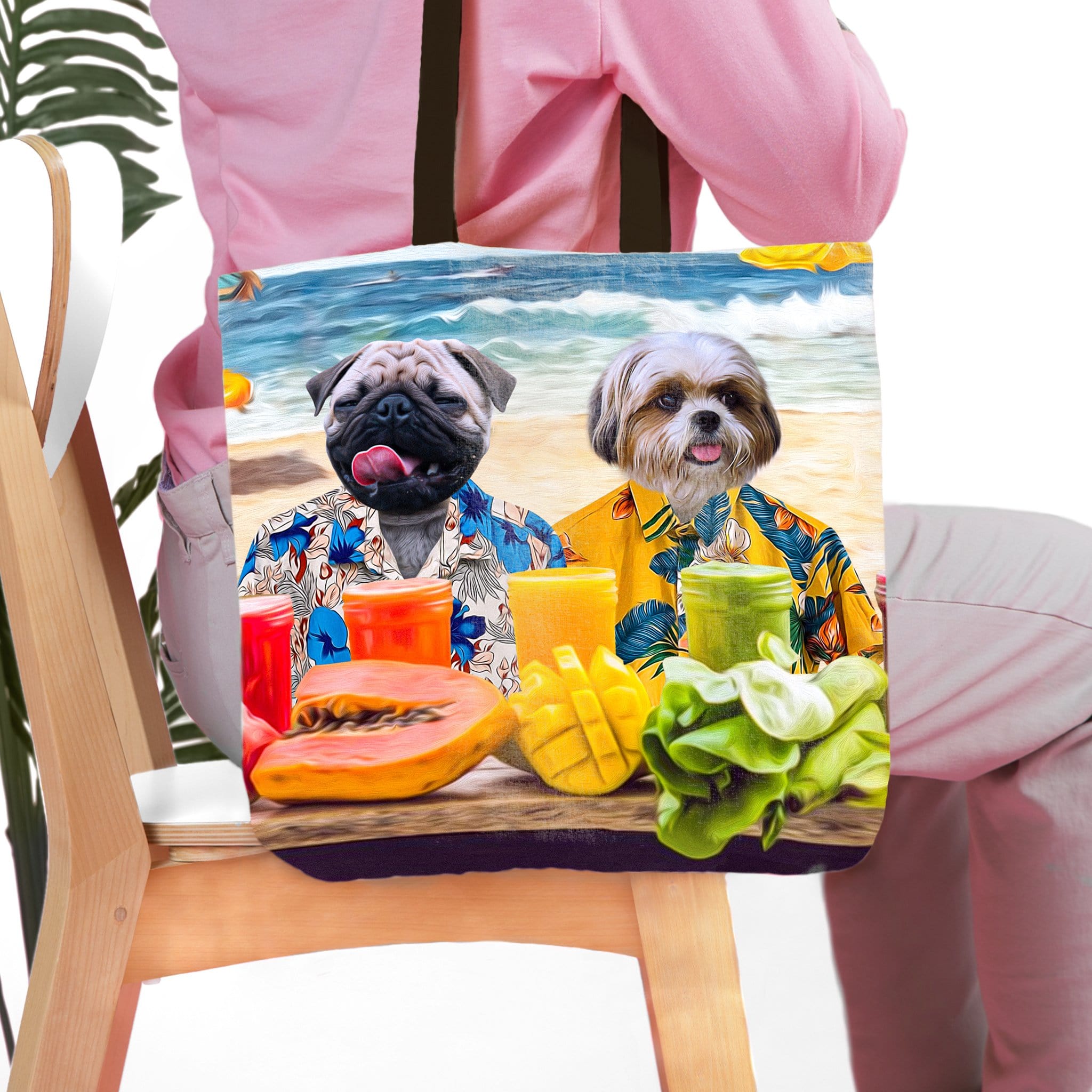 Personalized 2 pet tote bag with a pug and shih tzu in Hawaiian shirts on a beach.