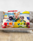 Personalized custom blanket with three dogs in Hawaiian shirts on a beach, with drinks and fruit.