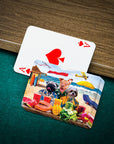 Personalized playing cards featuring three pets in a "Beach Dogs" cartoon style on a green felt table.