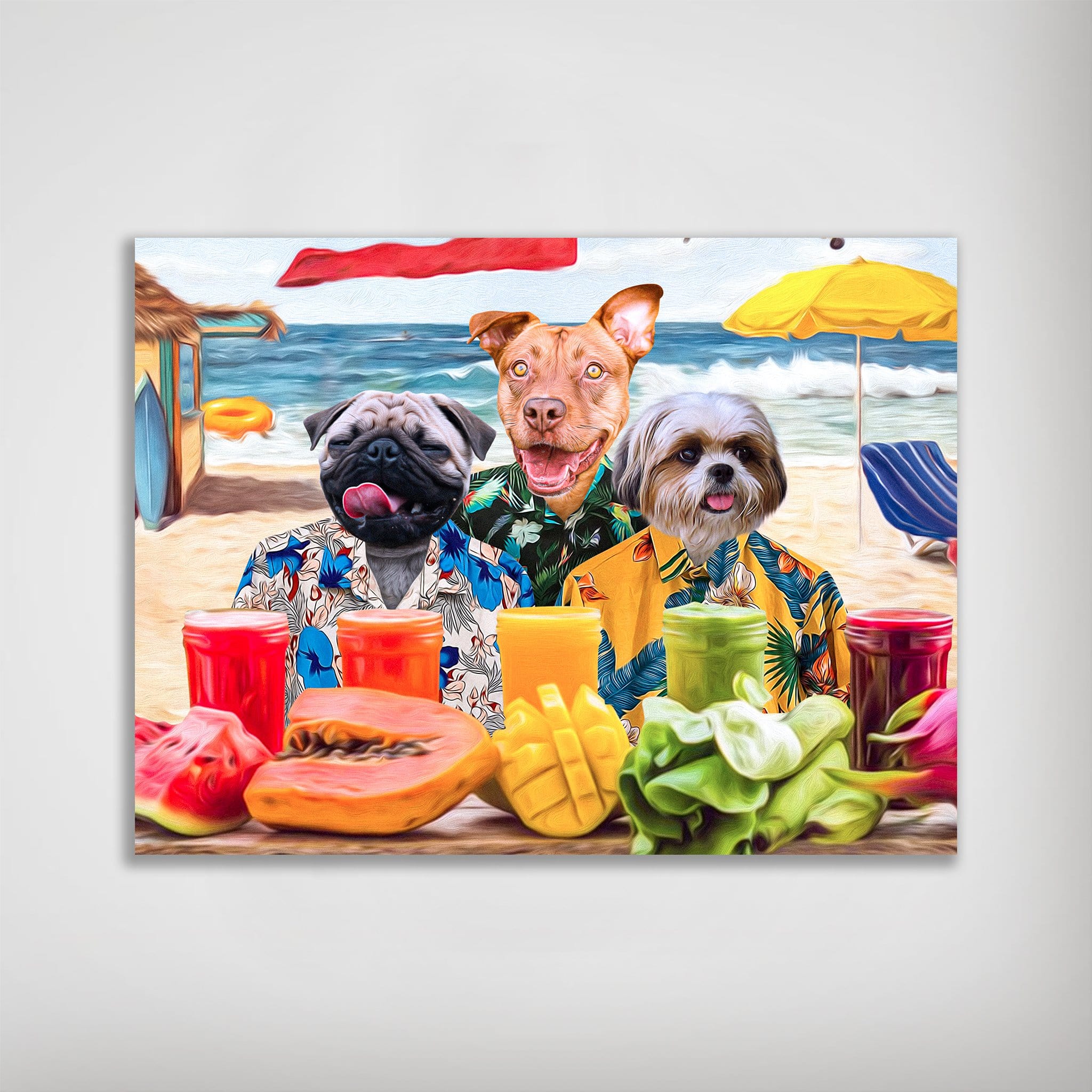 Personalized 'Beach Dogs' poster featuring three pets in Hawaiian shirts on a sandy beach with drinks and fruit.