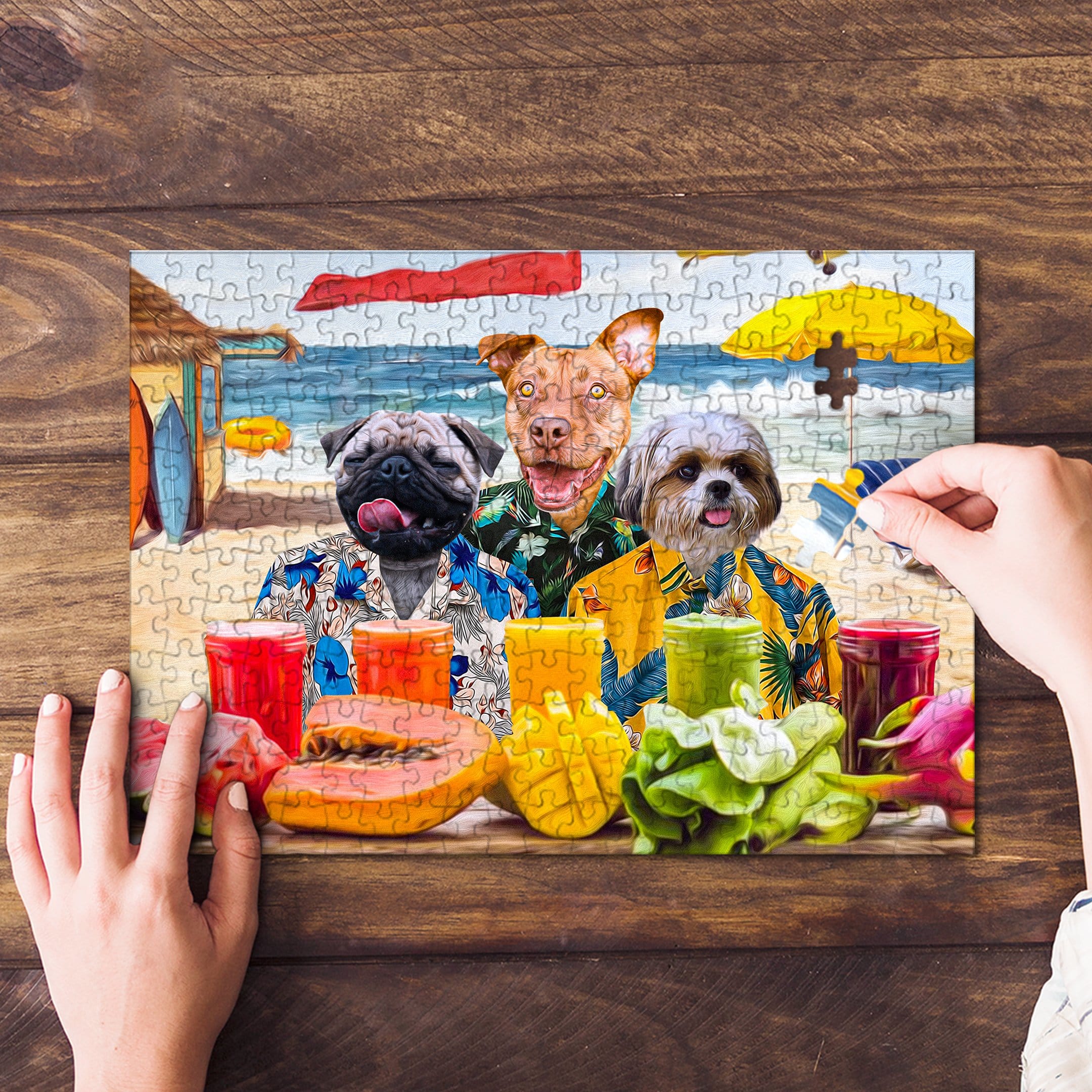 Personalized 3-pet puzzle featuring dogs in Hawaiian shirts on a beach, with tropical fruits and drinks.
