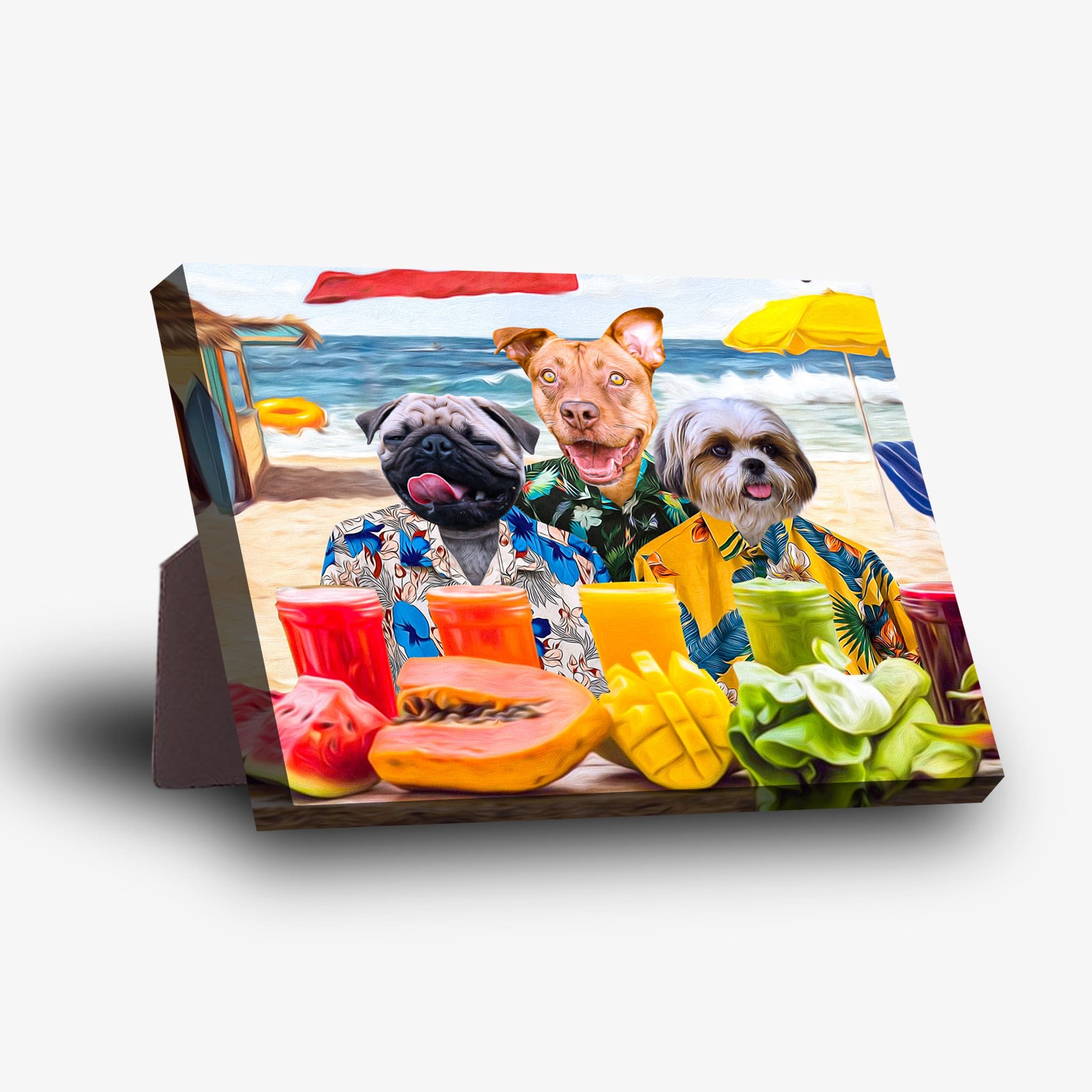 Personalized 3 pet standing canvas with a pug, pitbull, and shih tzu in Hawaiian shirts on a beach.