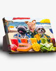 Personalized 3 pet standing canvas with a pug, pitbull, and shih tzu in Hawaiian shirts on a beach.