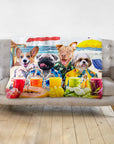Personalized 4 pet blanket featuring dogs in Hawaiian shirts on a beach with drinks.