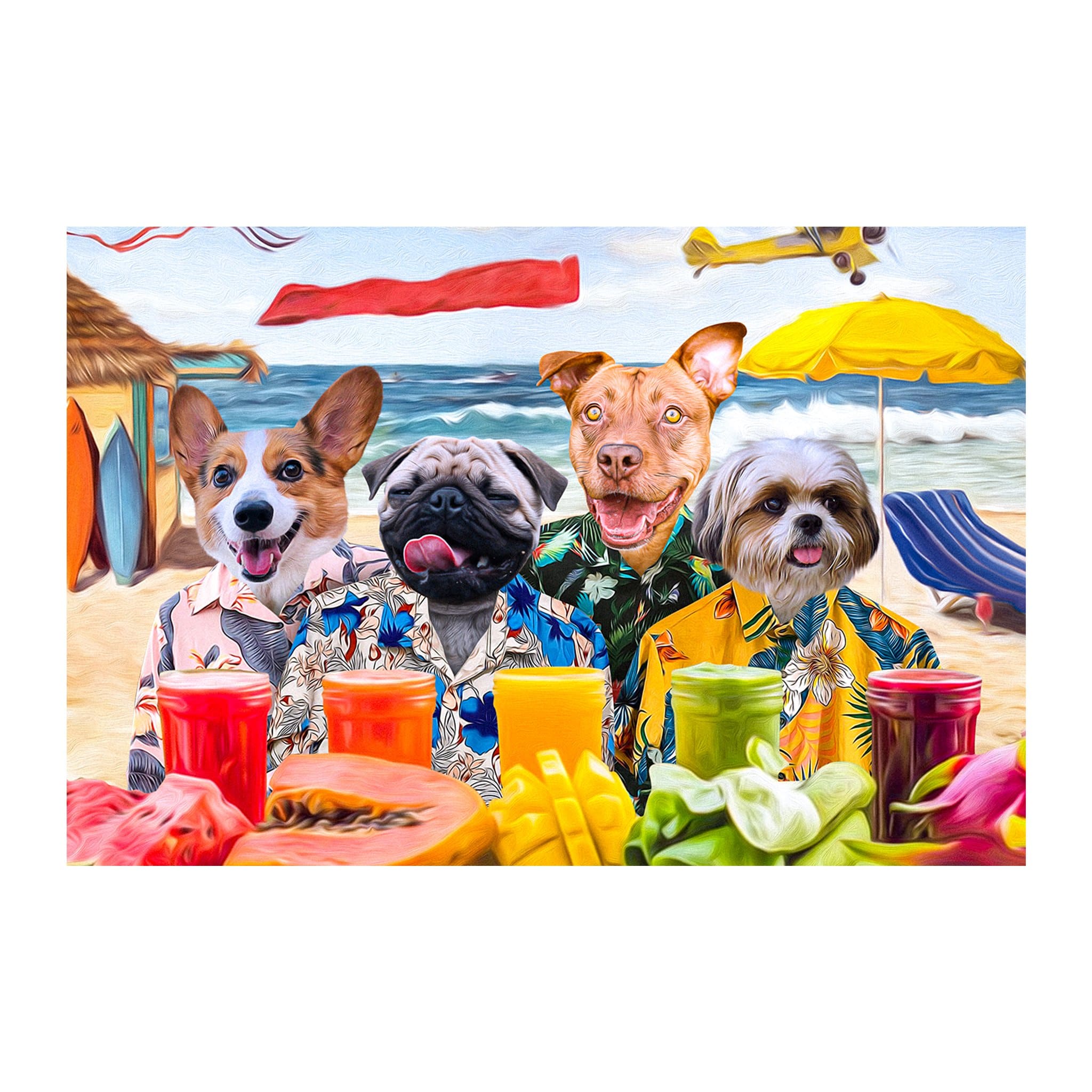 Personalized digital portrait of four pets (corgi, pug, pitbull, shih tzu) in Hawaiian shirts on a beach.