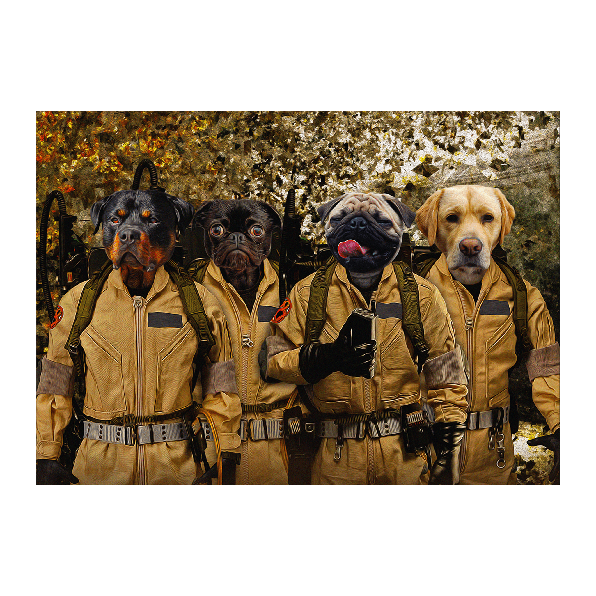 Personalized 4 pet digital portrait featuring dogs in Ghostbusters-style uniforms.