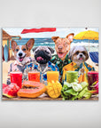 Personalized matte poster featuring four dogs in Hawaiian shirts on a beach, with tropical drinks and fruit.