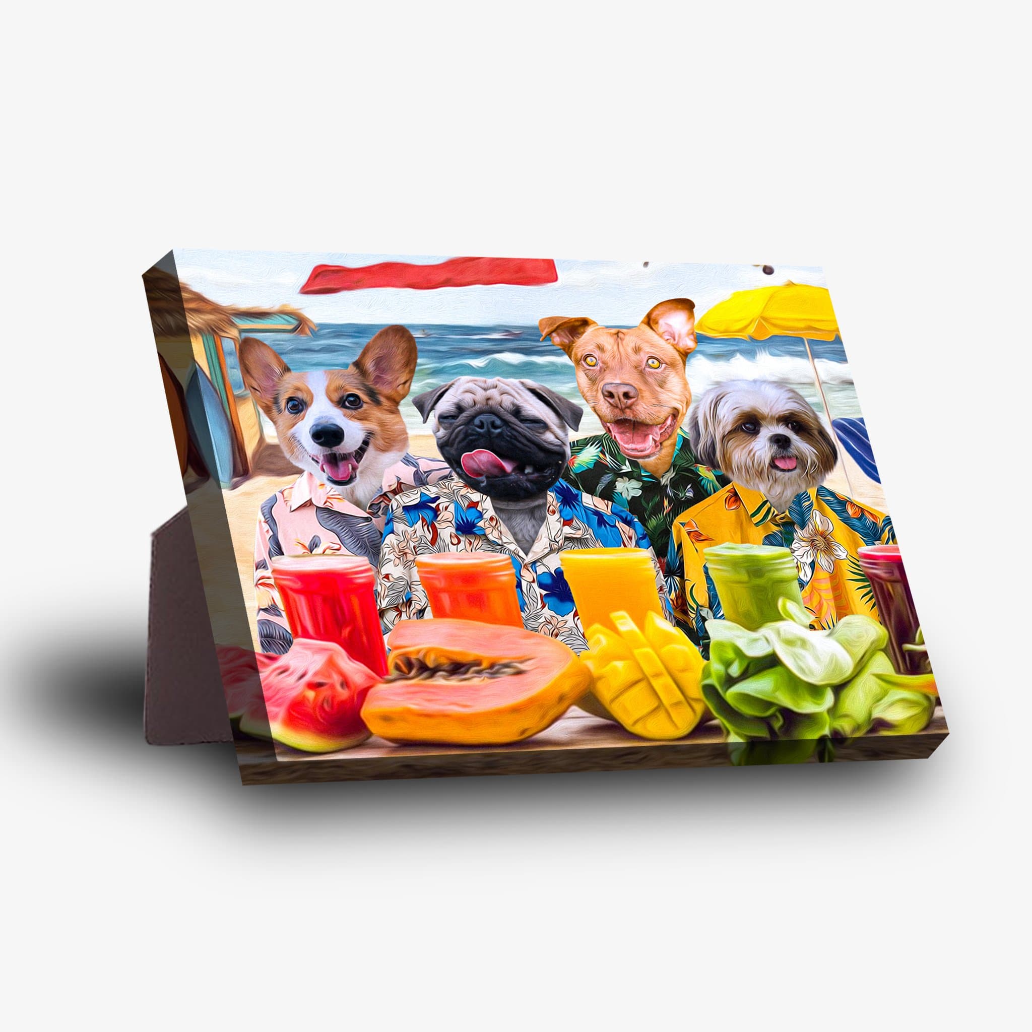 Personalized standing canvas featuring four pets in Hawaiian shirts on a beach, with tropical fruits and drinks.