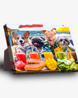 Personalized standing canvas featuring four pets in Hawaiian shirts on a beach, with tropical fruits and drinks.