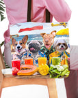Personalized 4-pet tote bag with dogs in Hawaiian shirts on a beach, holding tropical drinks.