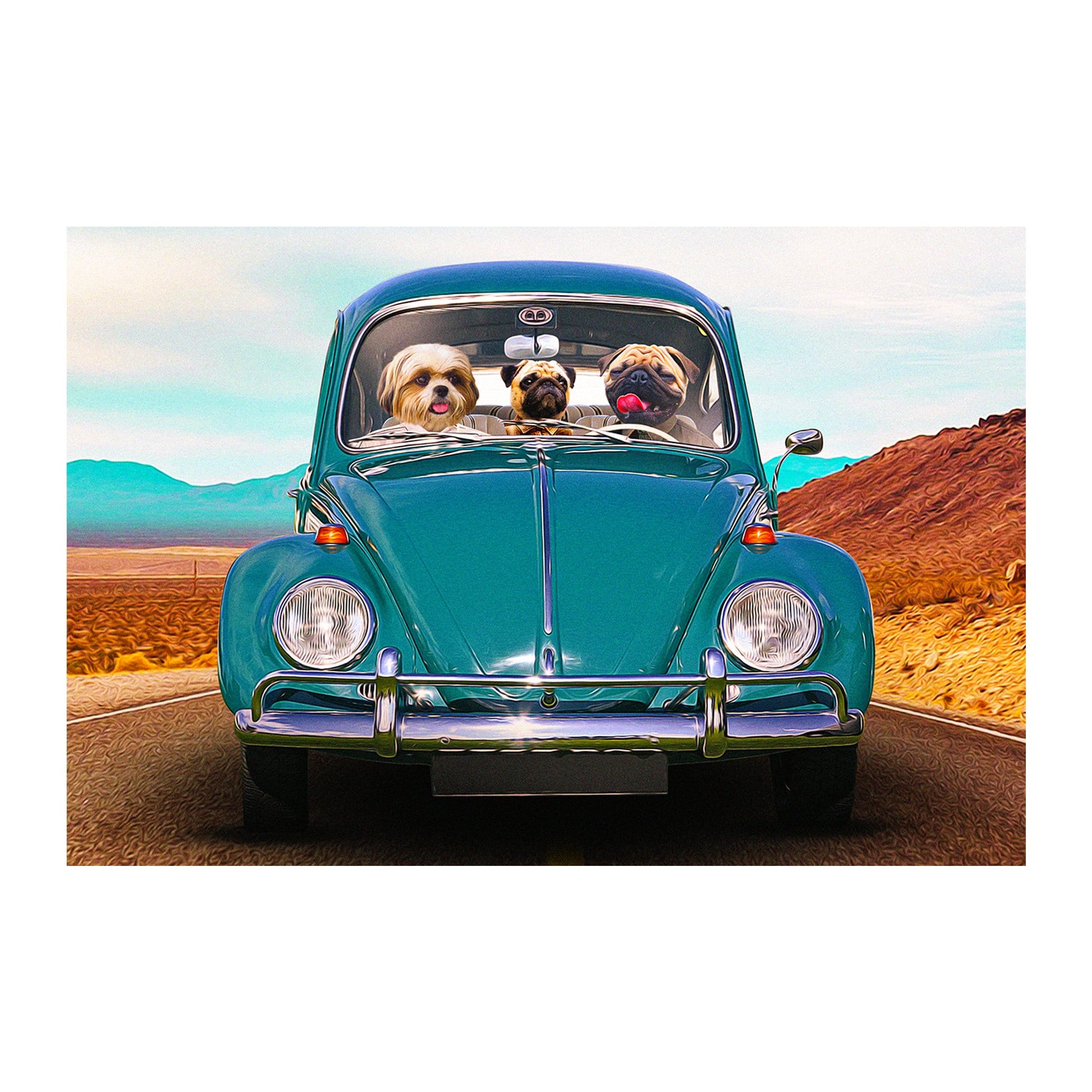 Custom digital portrait of three pets in a teal Volkswagen Beetle car.