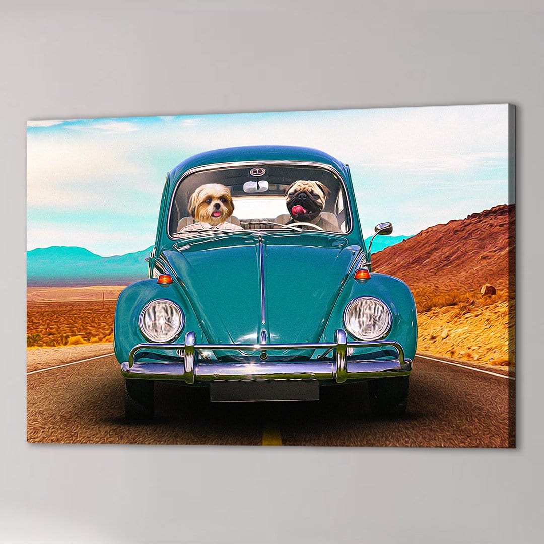 Personalized canvas featuring two dogs in a teal vintage Beetle driving on a desert road.