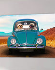 Personalized canvas featuring two dogs in a teal vintage Beetle driving on a desert road.