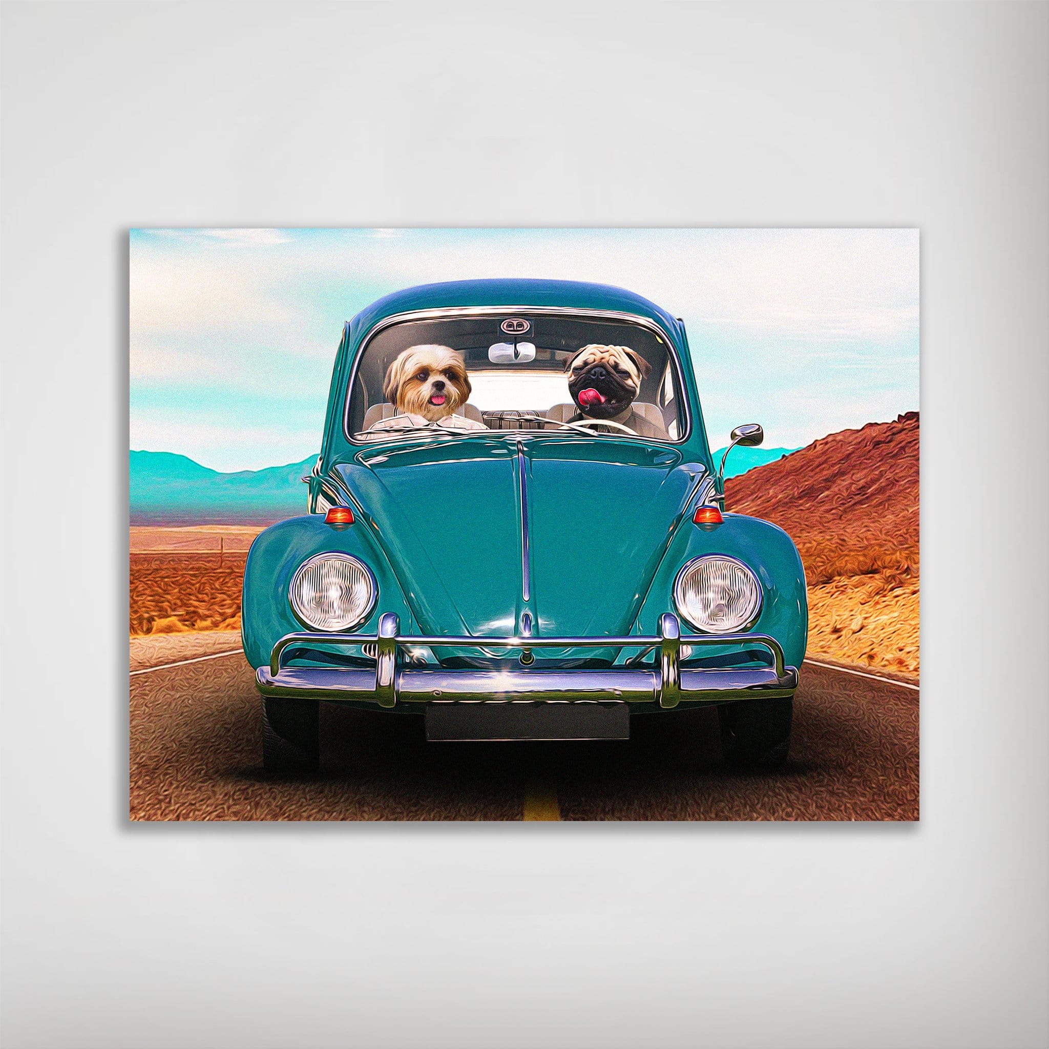 Personalized 'The Beetle' poster featuring a Shih Tzu and a Pug in a teal vintage car on a desert road.