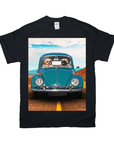 Black Gildan t-shirt with two pets in a teal vintage Beetle driving on a desert road.