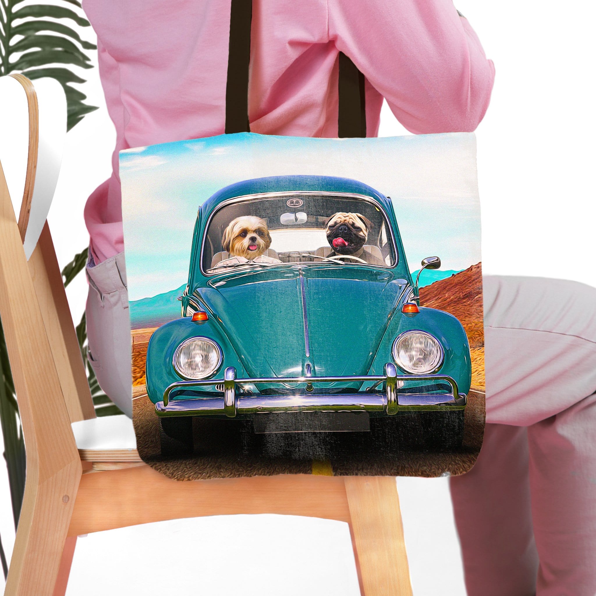 Personalized pet portrait tote bag featuring a dog and pug in a teal vintage car.