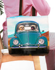 Personalized pet portrait tote bag featuring a dog and pug in a teal vintage car.