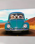 Personalized canvas featuring three dogs in a teal vintage Beetle car on a desert road.