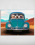 Personalized poster featuring three pets in a teal vintage Beetle car on a desert road.