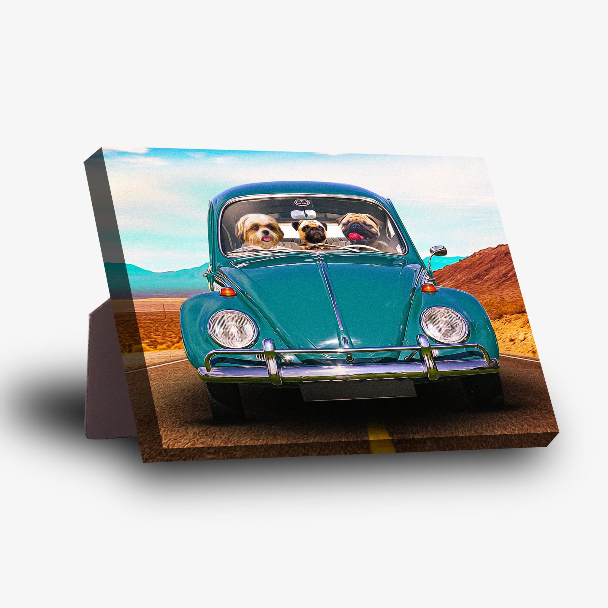 Personalized standing canvas featuring 3 pets in a teal Beetle car on a desert road.