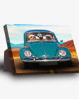 Personalized standing canvas featuring 3 pets in a teal Beetle car on a desert road.