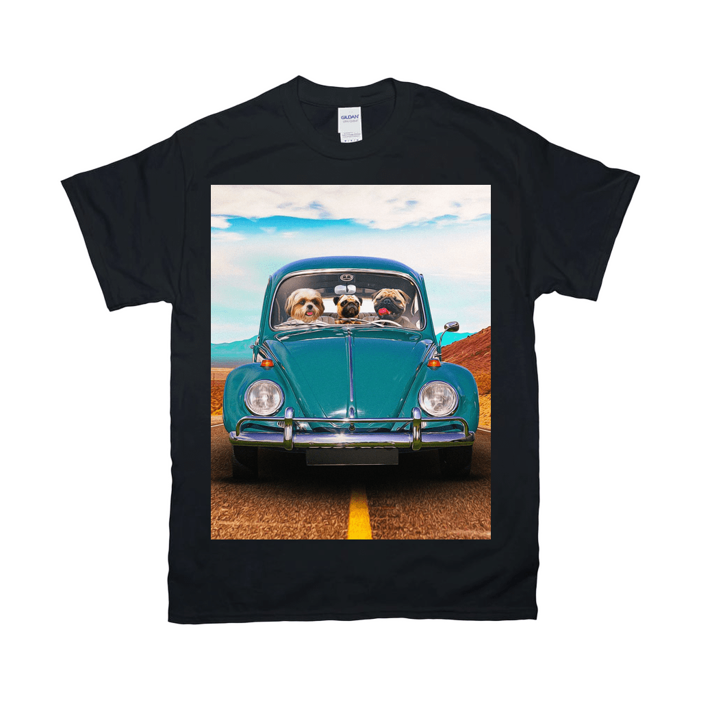 Black Gildan t-shirt with a graphic of three pets in a teal vintage Beetle car on a desert road.