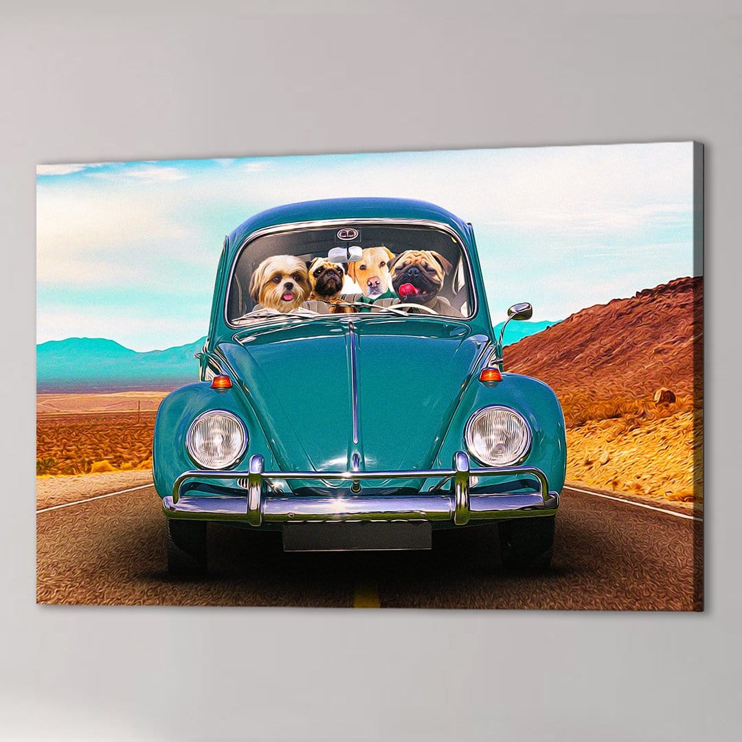 Personalized 'The Beetle' canvas featuring four dogs in a teal vintage car on a desert road.