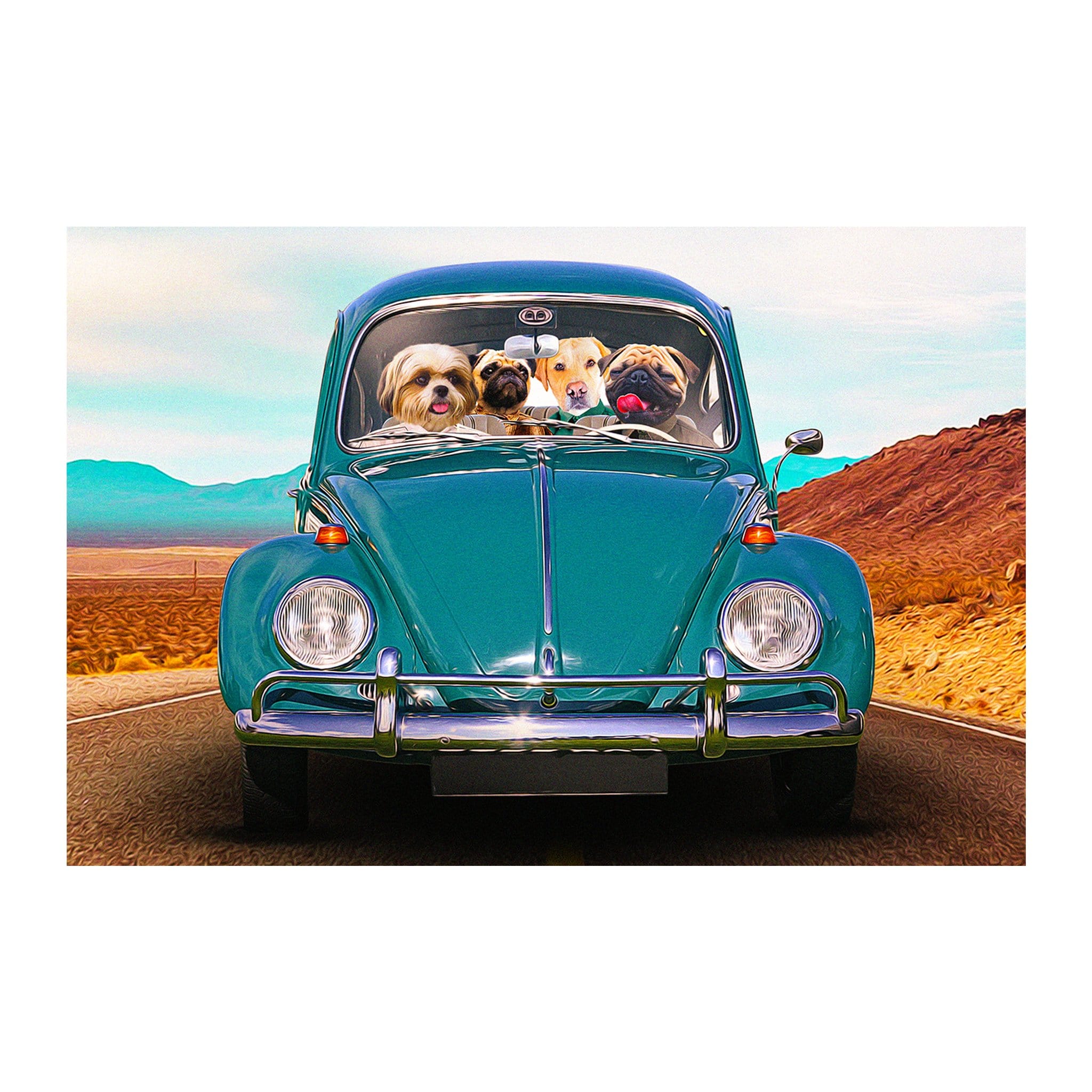 Personalized digital portrait of four pets, including dogs, driving a teal vintage Beetle car.