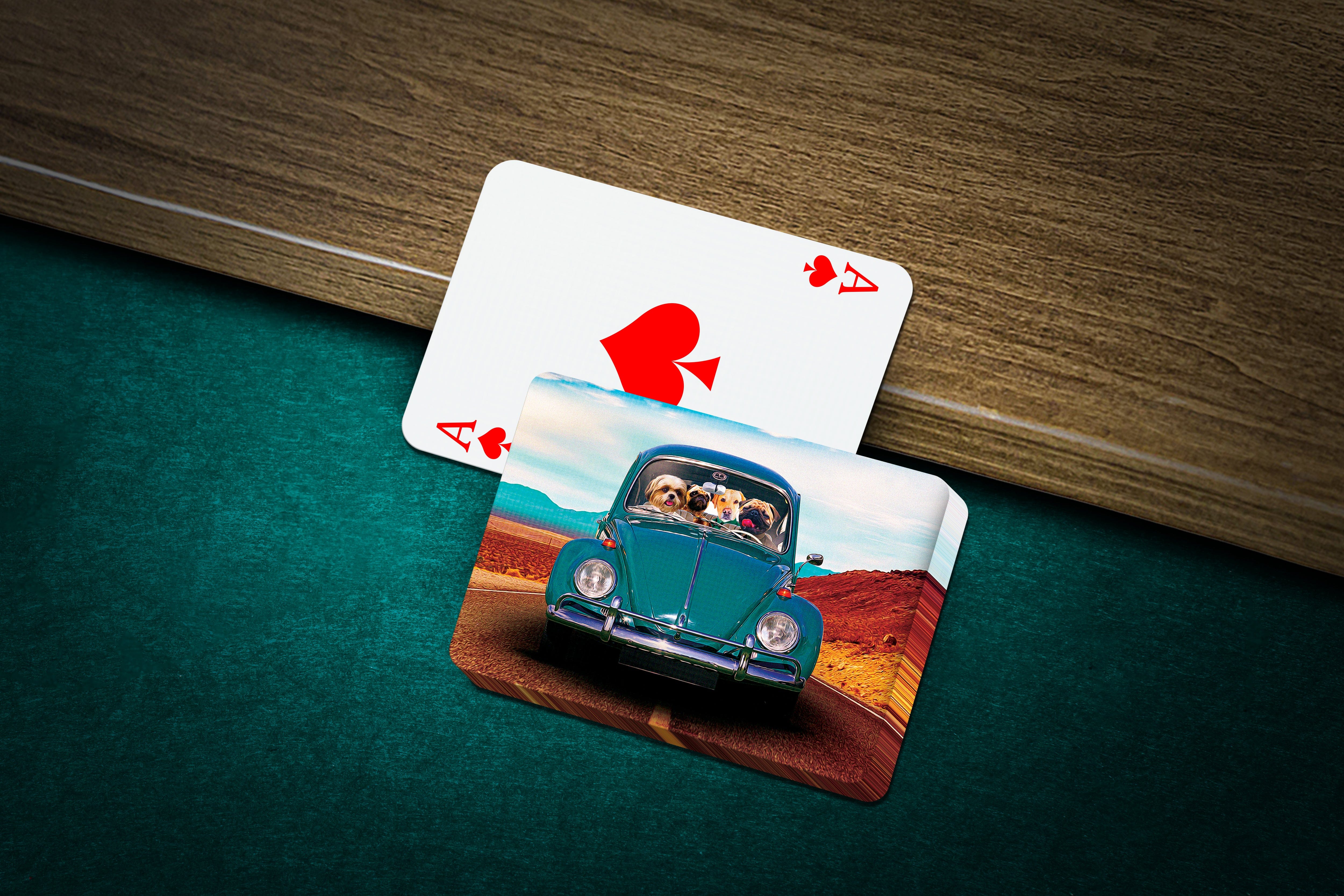 Personalized playing cards featuring custom pet portraits of dogs in a green Beetle car.