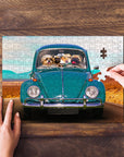 Personalized 4-pet puzzle featuring dogs in a teal Beetle car, with a hand placing a piece.