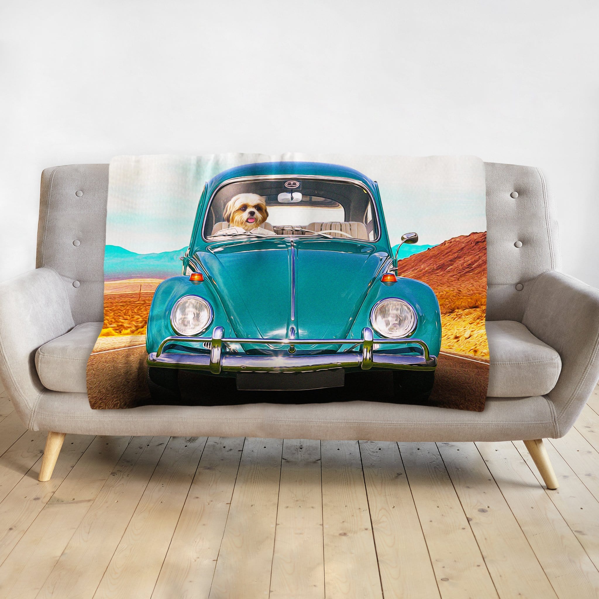 Personalized pet blanket with a dog in a teal vintage car, desert background.