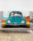 Personalized pet blanket with a dog in a teal vintage car, desert background.