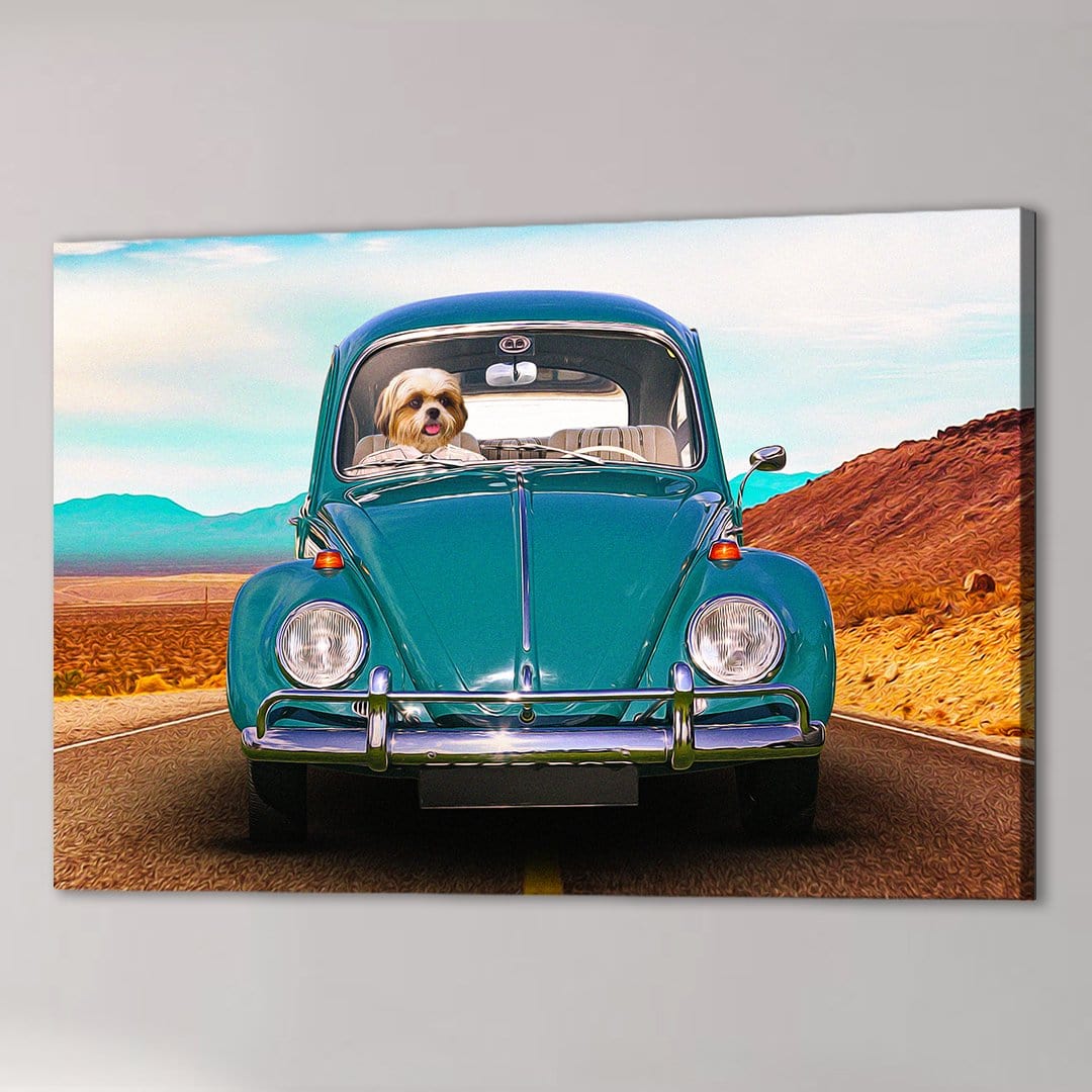 Personalized pet canvas featuring a cute dog driving a teal vintage Beetle on a desert road.