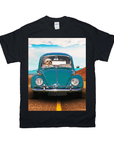 Black Gildan t-shirt with a white dog driving a teal vintage Beetle on a desert road.