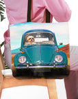 Personalized pet portrait tote bag featuring a dog driving a teal vintage Beetle car.