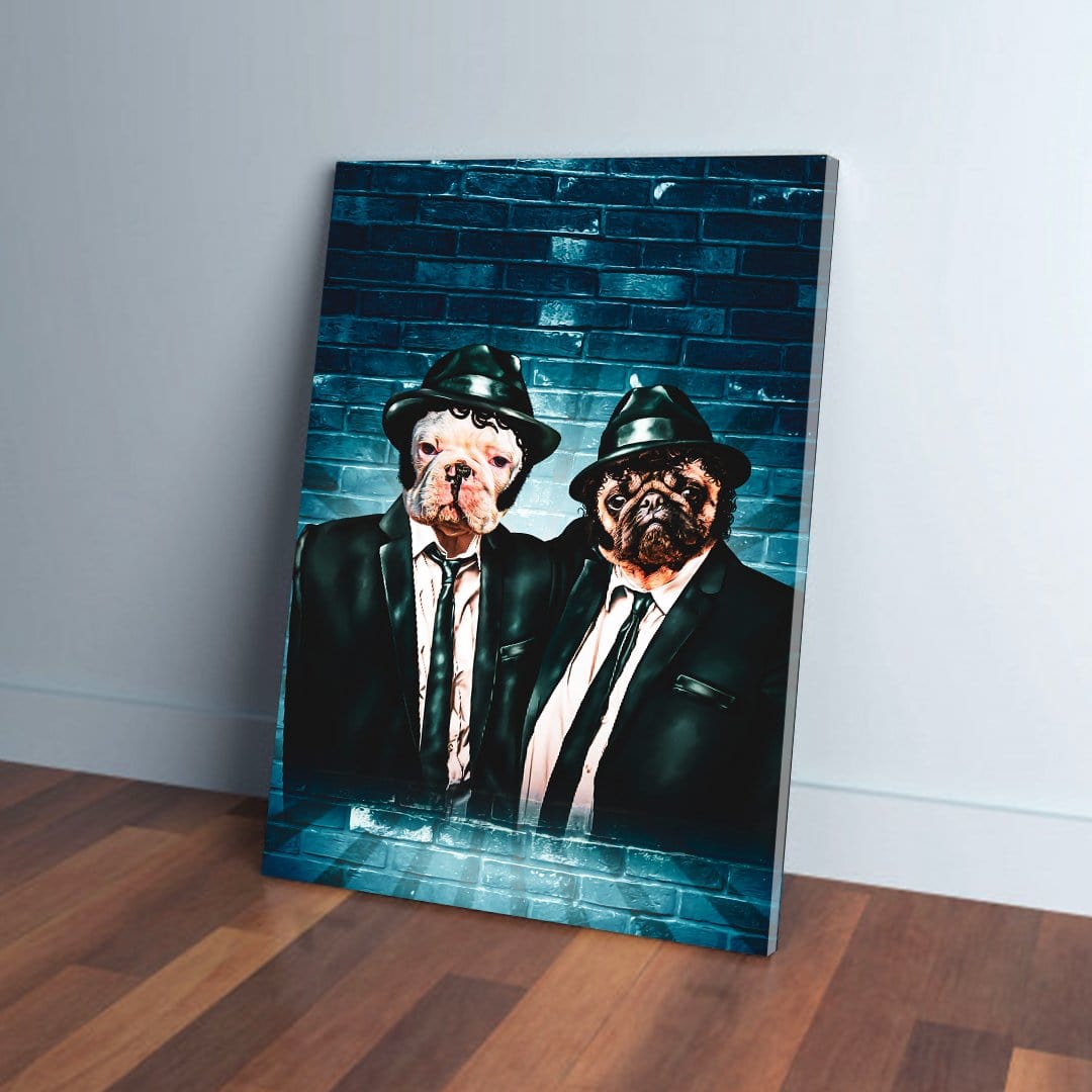 Custom "Blues Doggos" canvas featuring two pets in black suits and fedoras against a blue brick wall.