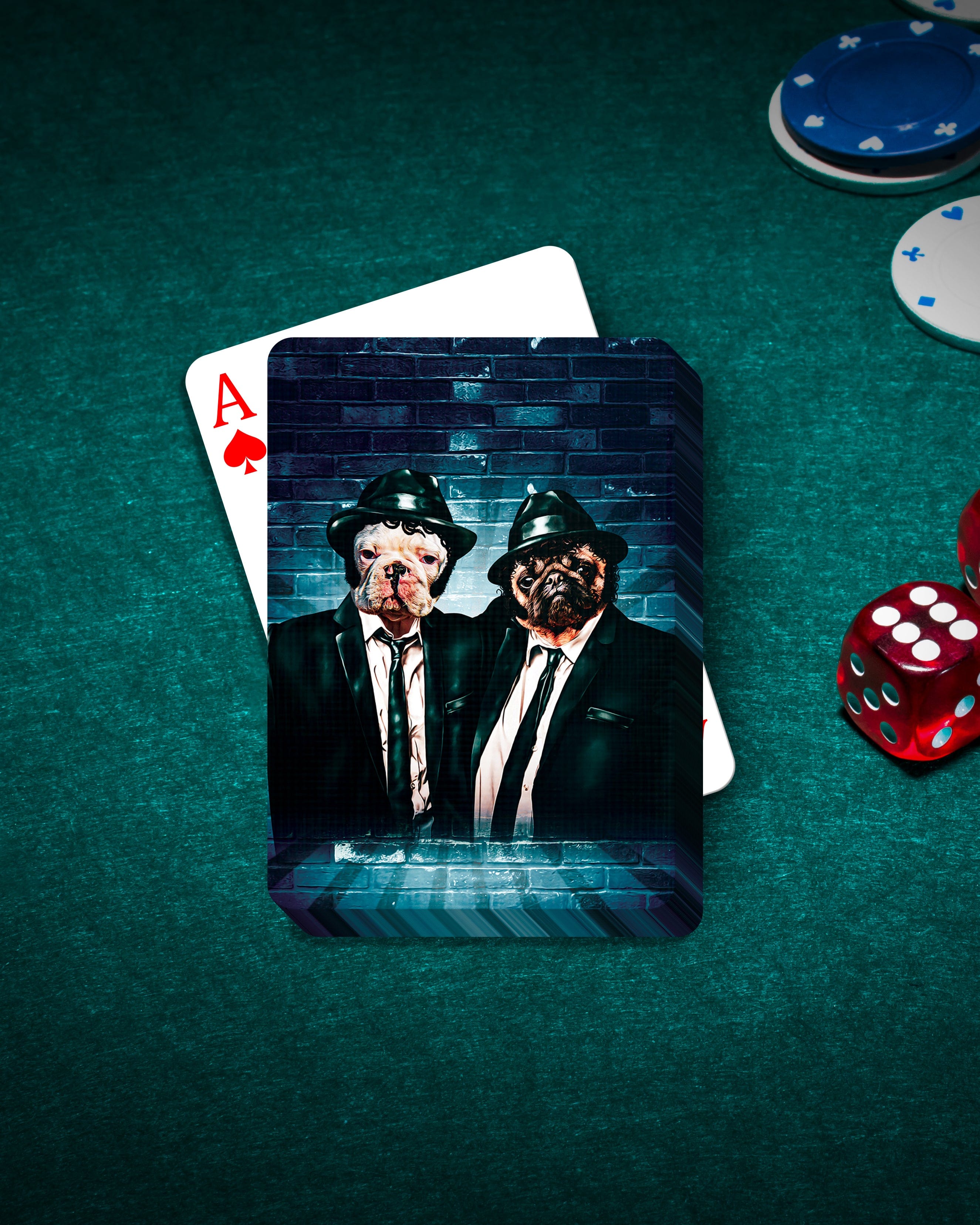 Custom personalized playing cards featuring two bulldog pets in "Blues Doggos" style suits and hats.