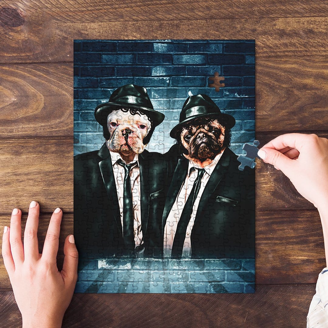 Personalized 2 pet puzzle featuring dogs in "Blues Doggos" suits against a blue brick wall.