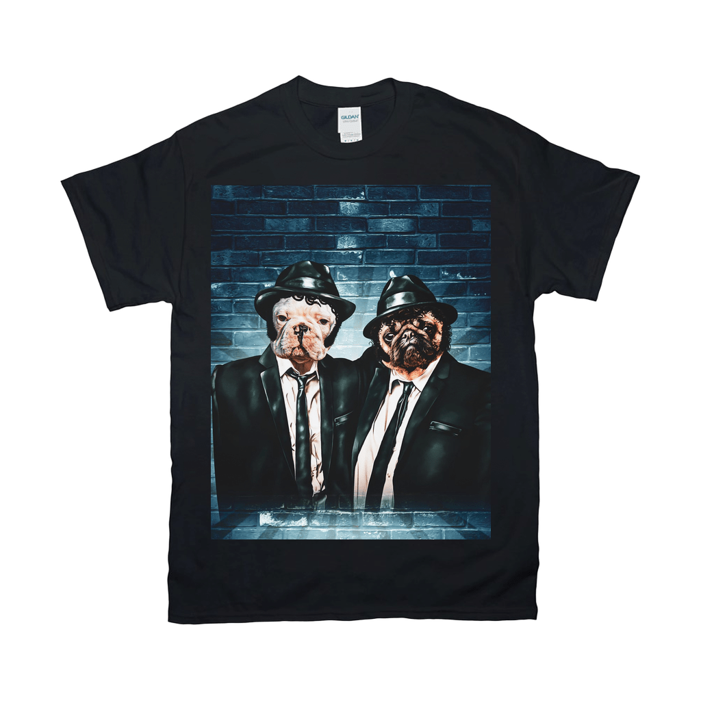 Black Gildan t-shirt featuring two dogs in suits and fedoras against a blue brick wall.