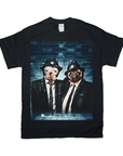 Black Gildan t-shirt featuring two dogs in suits and fedoras against a blue brick wall.