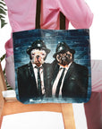 Personalized 'Blues Doggos' tote bag featuring two custom pet portraits of dogs in suits.