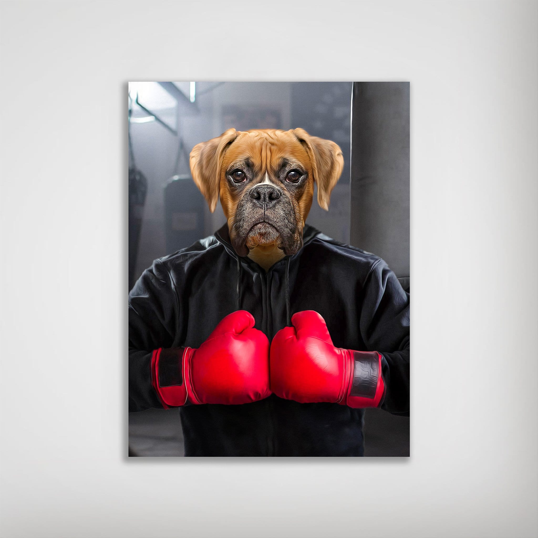 Personalized Boxer dog poster featuring a pet's face on a boxer in a black hoodie and red gloves.