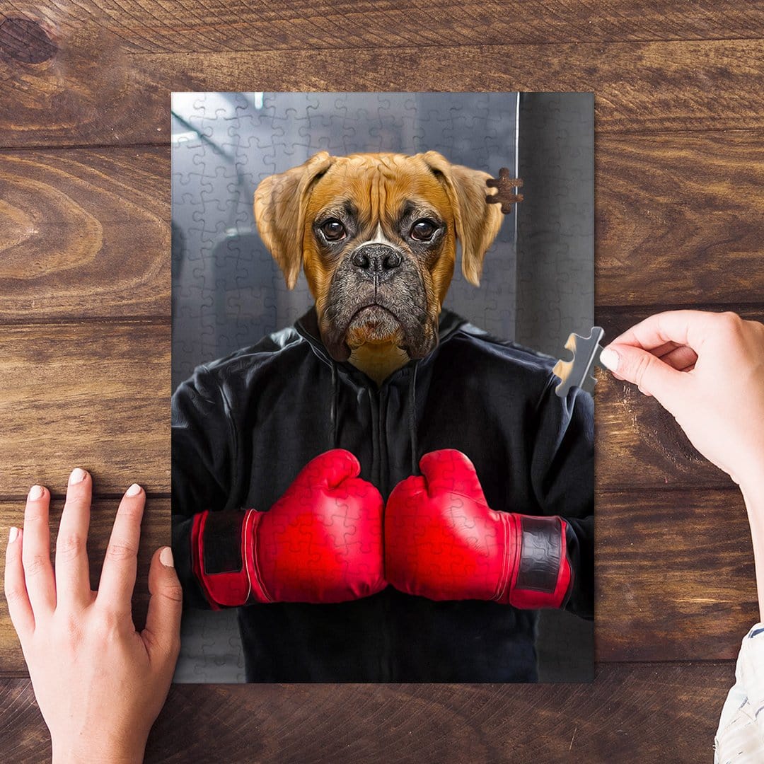 Personalized Boxer dog puzzle featuring a pet in a black hoodie and red boxing gloves.