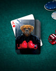 Personalized playing cards featuring a custom Boxer dog portrait in boxing gloves on a green felt table.