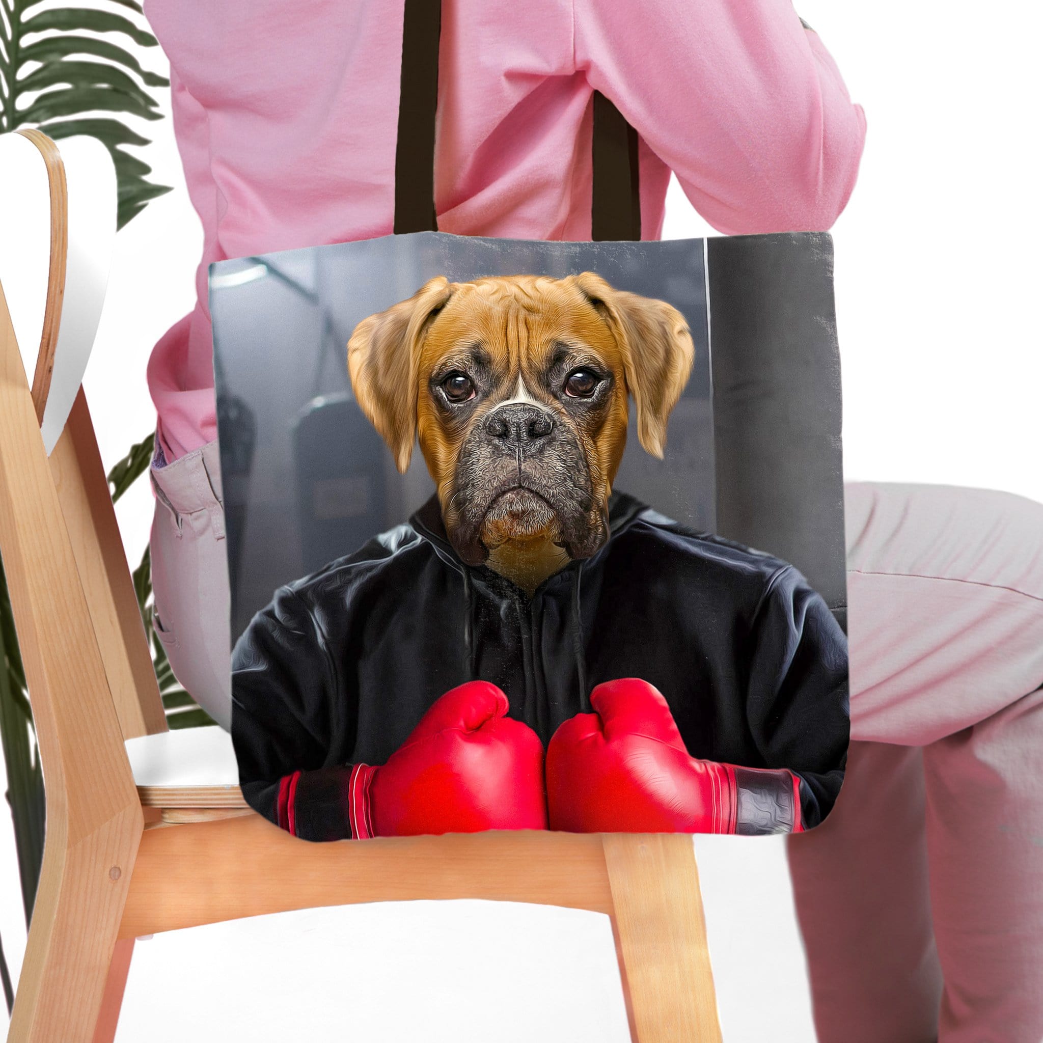 Personalized Boxer dog portrait tote bag with dog wearing boxing gloves and black hoodie.