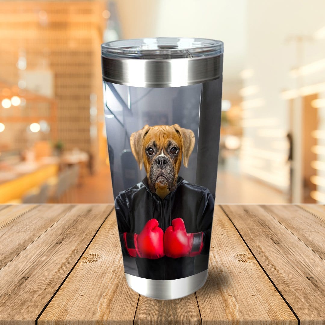 Personalized stainless steel tumbler with a custom Boxer dog pet portrait in a boxing outfit.