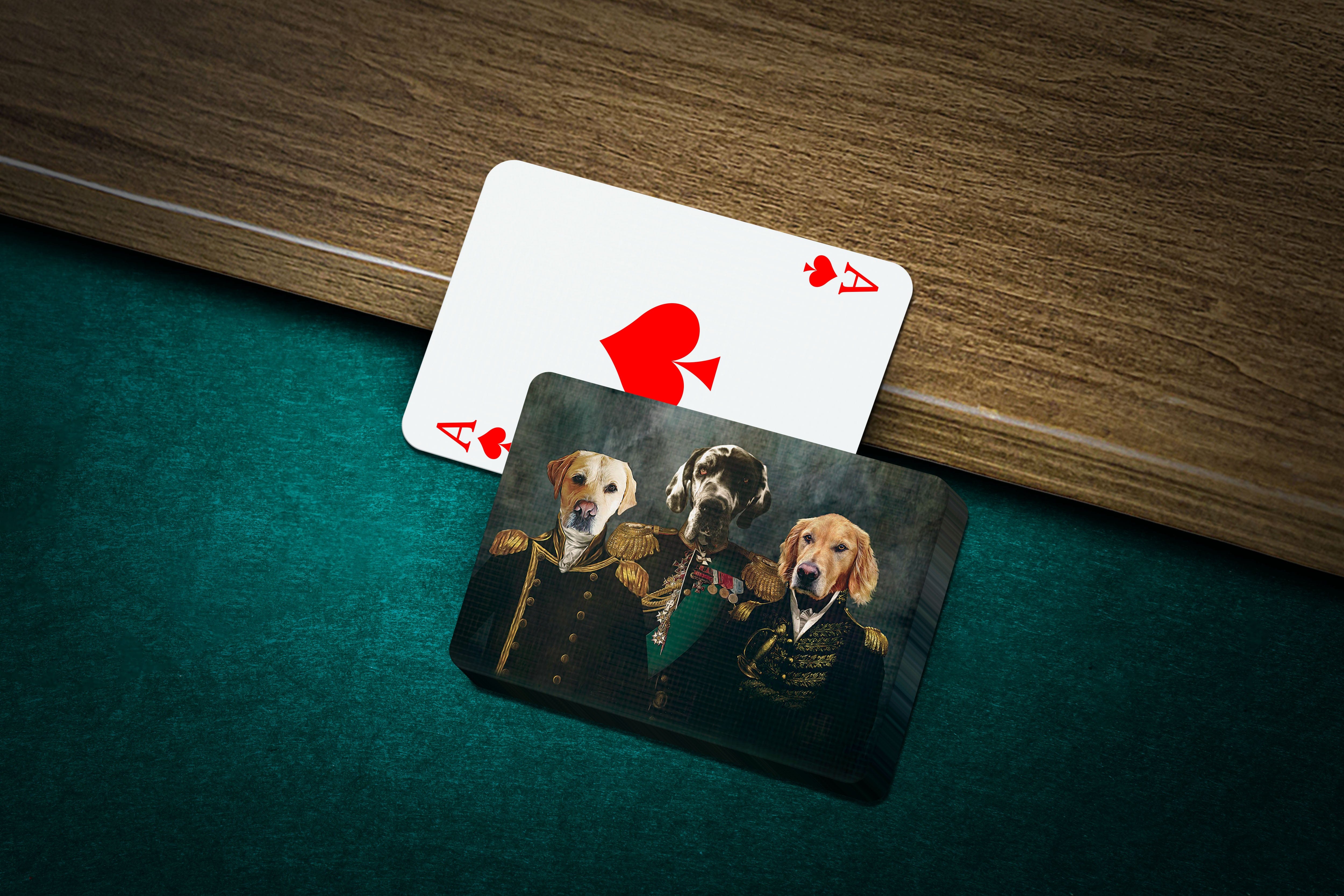 Personalized playing cards featuring three pets in renaissance royal portraits.